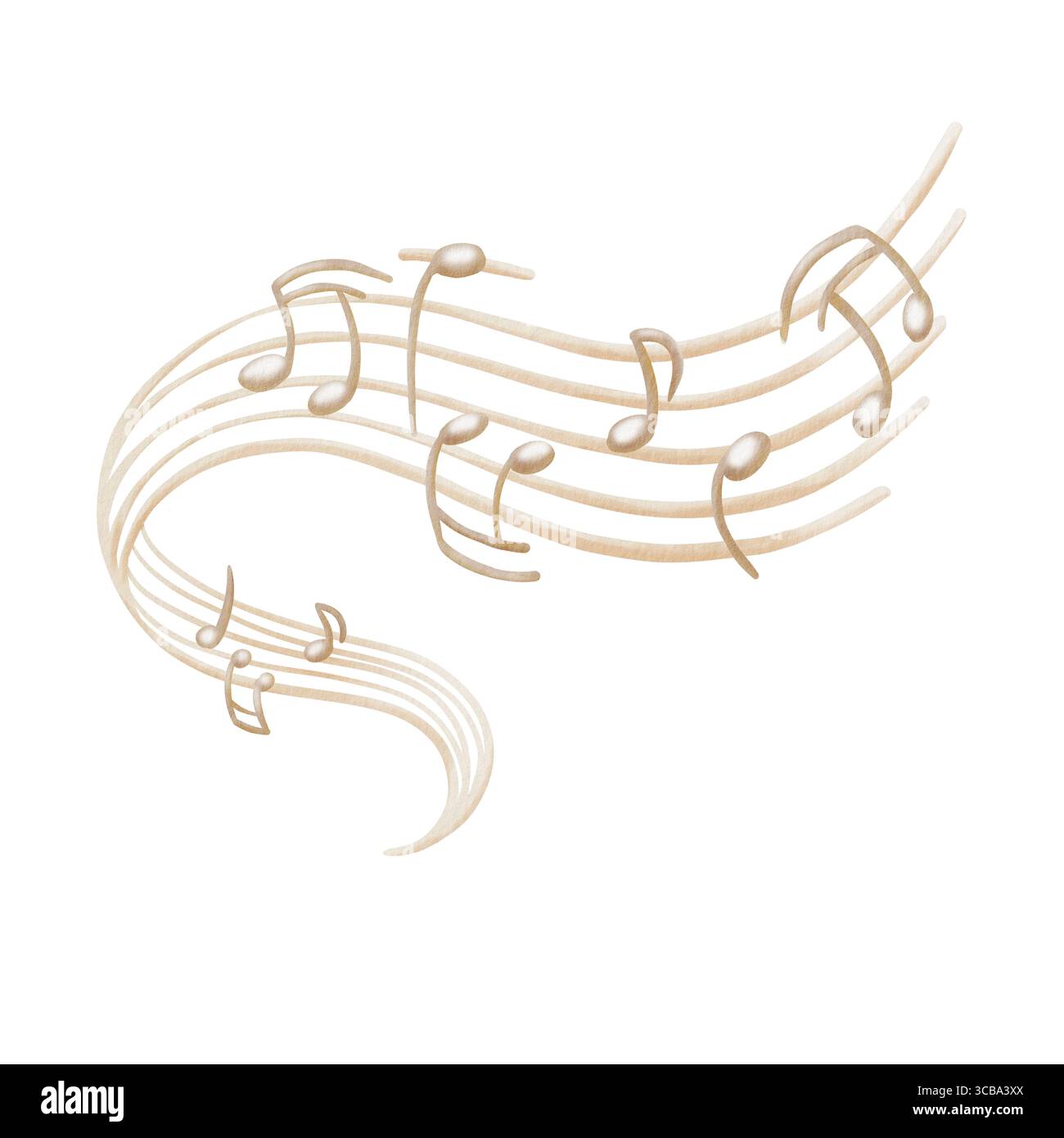 Piedistallo musicale con note stilizzate color beige in una composizione tortuosa come simbolo di una canzone suonata da un giradischi. Acquerello disegnato a mano Foto Stock