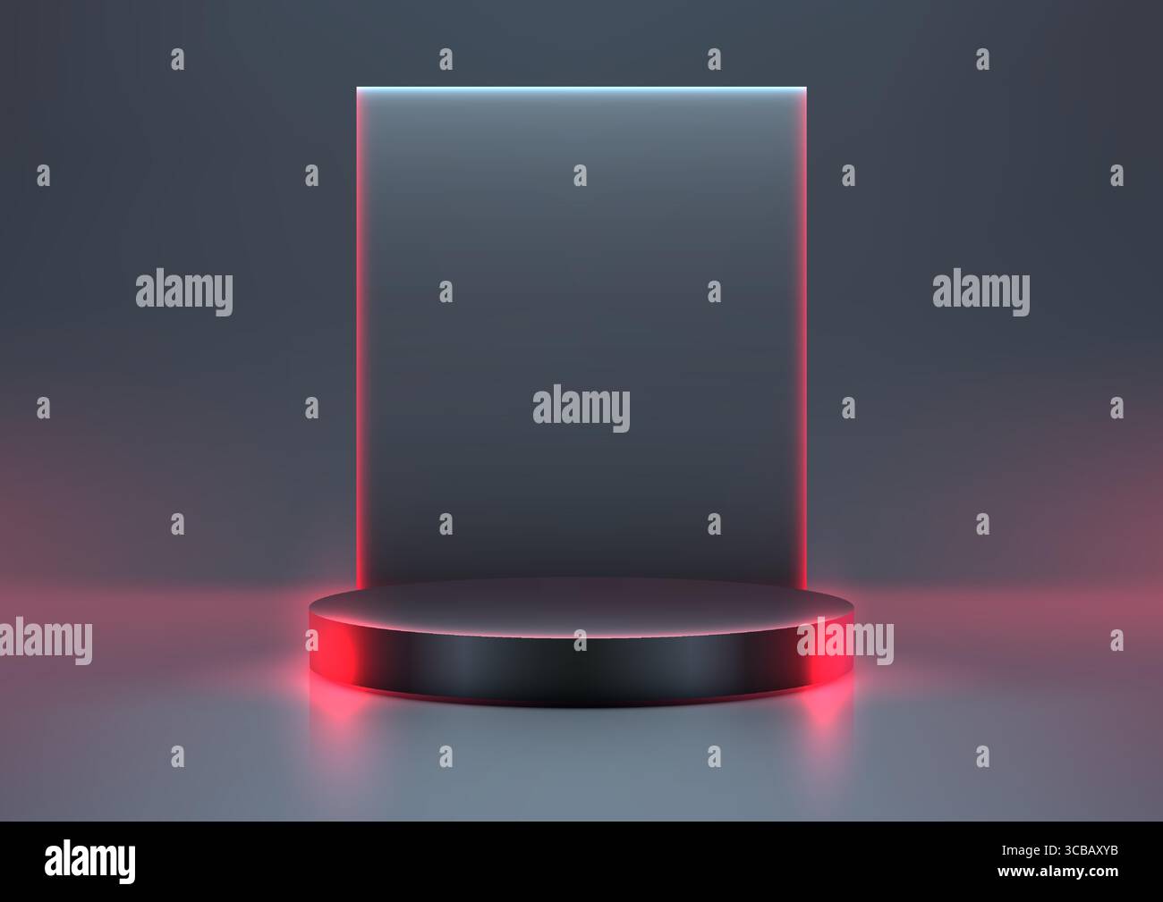 spettacolare esposizione di prodotti con un piedistallo cilindro nero con luci al neon rosse e blu accese in uno showroom futuristico, ideale per il mocku high tech Illustrazione Vettoriale