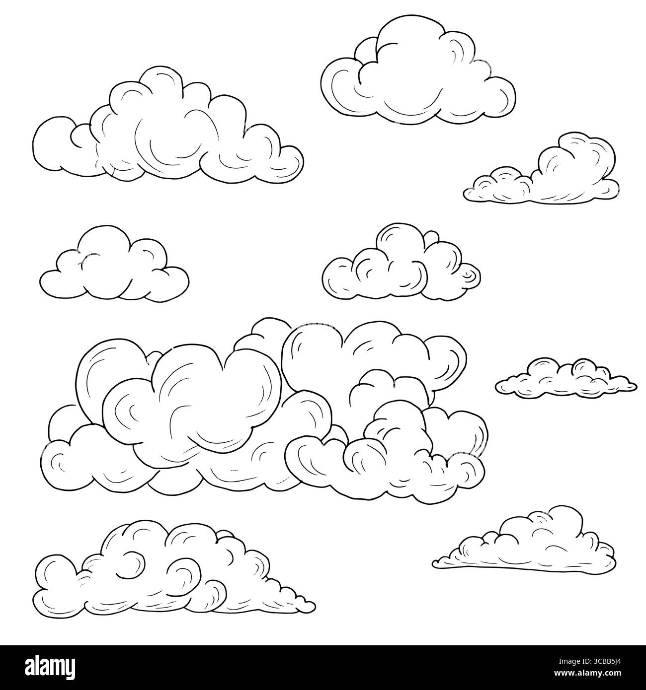 Soffici nuvole di forme diverse, schizzi in bianco e nero. Illustrazione vettoriale. Il concetto di fenomeni naturali, nuvole, tempo, isolato su un bianco Illustrazione Vettoriale