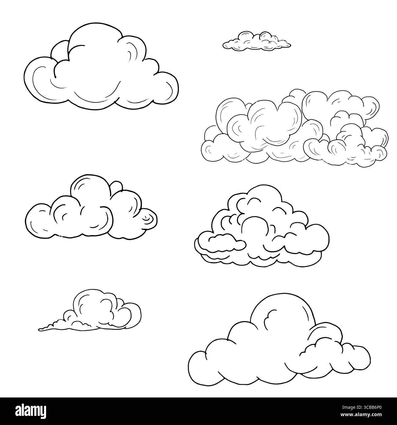 Soffici nuvole di forme diverse, schizzi in bianco e nero. Illustrazione vettoriale. Il concetto di fenomeni naturali, nuvole, tempo, isolato su un bianco Illustrazione Vettoriale