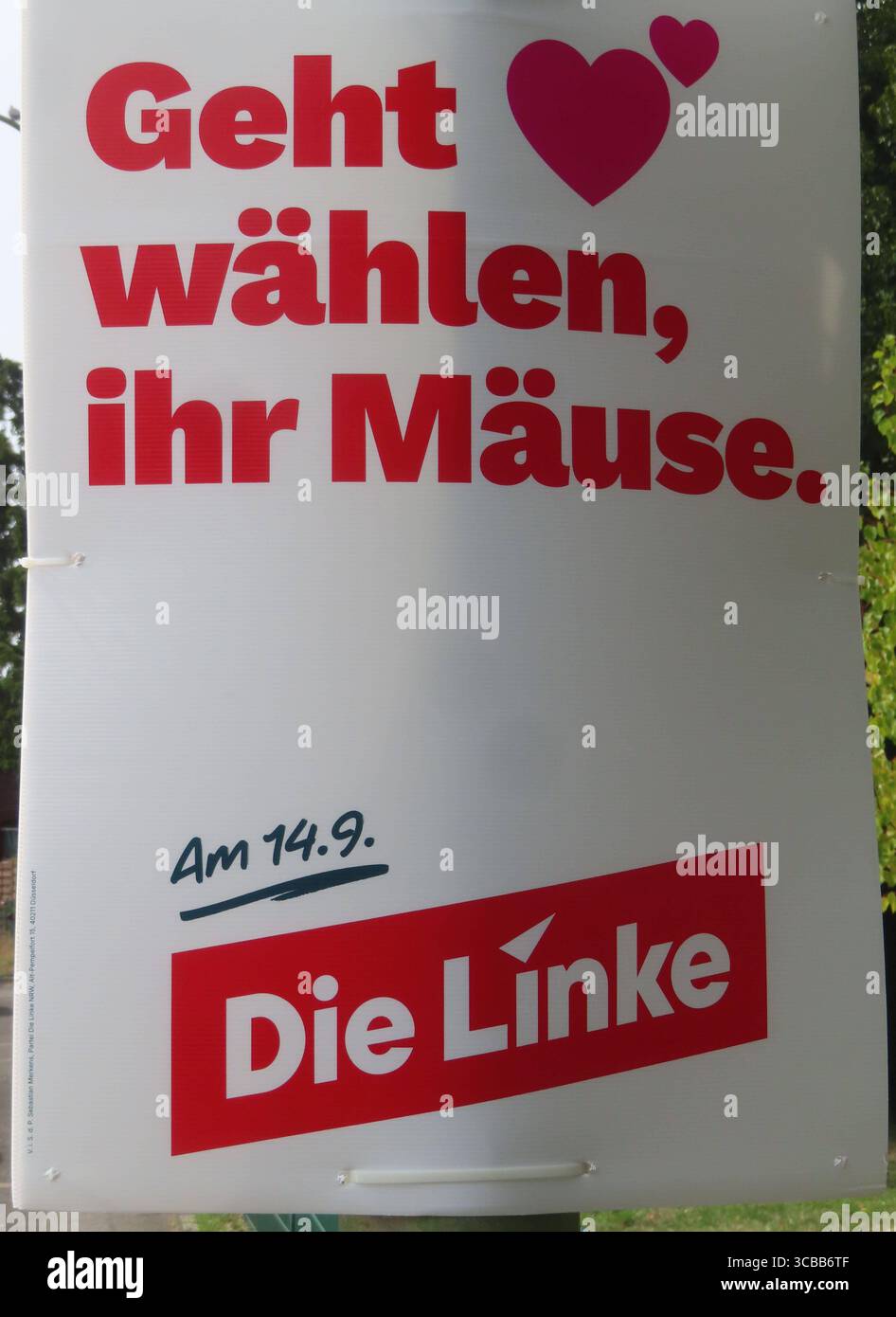 Geht waehlen ihr Maeuse - Originell Wahlplakat die Linke Buergermeisterwahl Neuss 2025 *** Vai a votare tu MICE poster elettorale originale Die Linke sindaco elezione Neuss 2025 Foto Stock