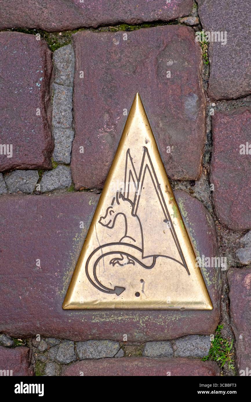 Francia, Mosella, Metz, strada, ciottoli, segnaletica di terra, percorso visitatori, Graoully Foto Stock