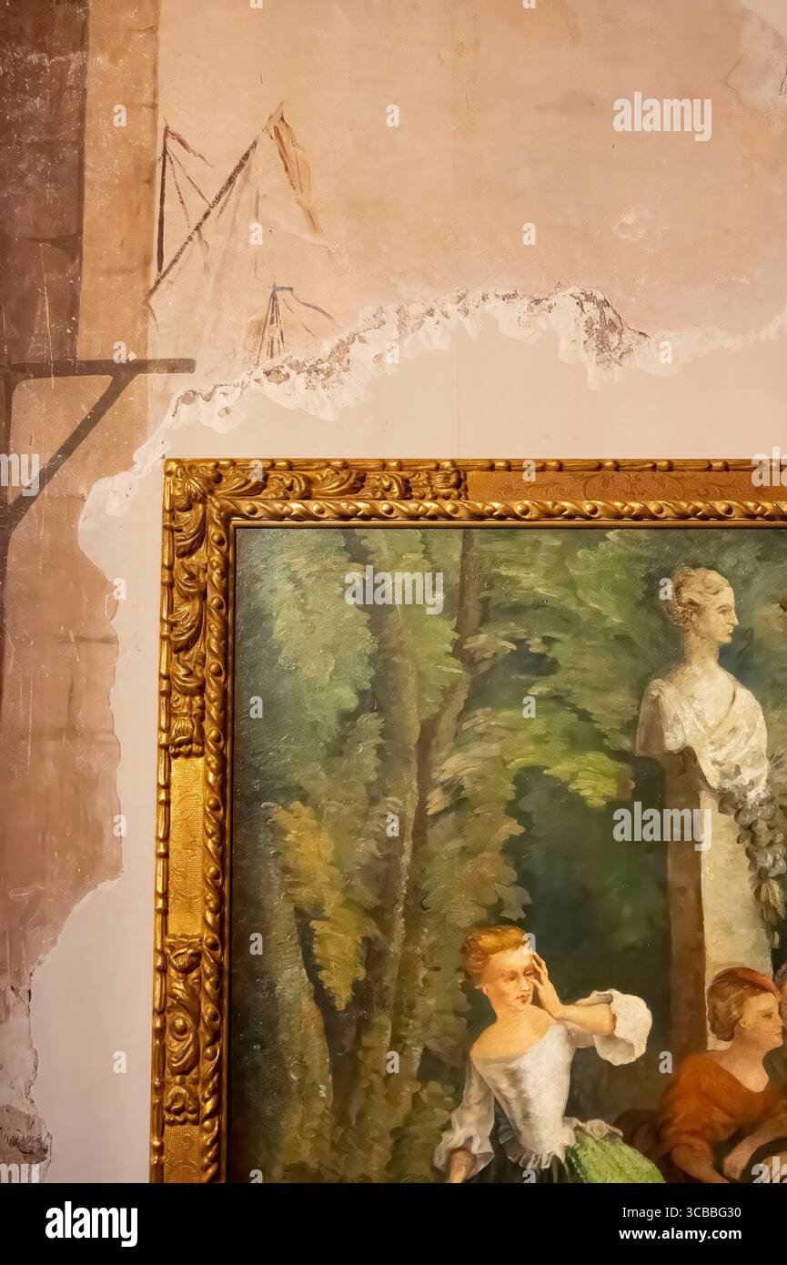 Francia, Bouches du Rhone, Aix en Provence, Jas de Bouffan, il museo della residenza di Paul Cezanne, la tela il gioco di nascondere e cercare sulla parete del grande soggiorno nasconde un affresco, l'ingresso al porto, dipinto da Cezanne direttamente sul muro e scoperto durante i lavori nell'agosto 2023 Foto Stock