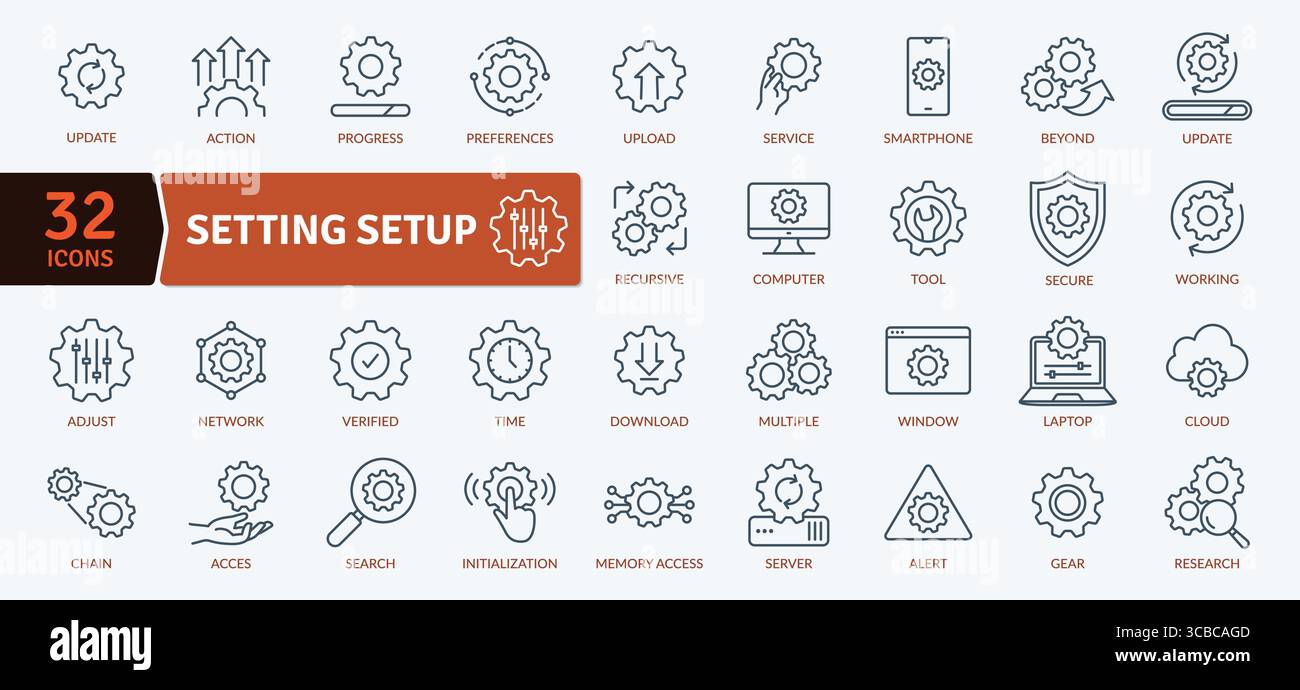 Raccolta completa di icone line art relative a impostazioni, gestione e tecnologia. Illustrazione Vettoriale