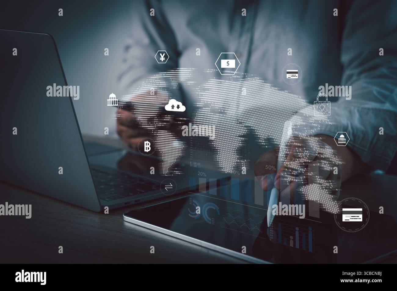 Tecnologia finanziaria e concetto di online banking mostrato attraverso icone di pagamento globali quando una persona interagisce con notebook e tablet in un ordine di lavoro digitale sicuro Foto Stock