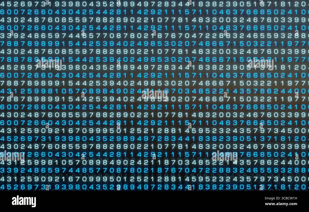 Sequenze numeriche digitali da 0 a 9 sullo schermo, dati o codice macchina. Sequenze numeriche digitali da 0 a 9 sullo schermo, dati o codice macchina. Tecnologia, elaborazione elettronica dei dati, big data, sistema, dati informatici, analisi in corso. Illustrazione 3D img numbers028s01 Random Numbers Foto Stock
