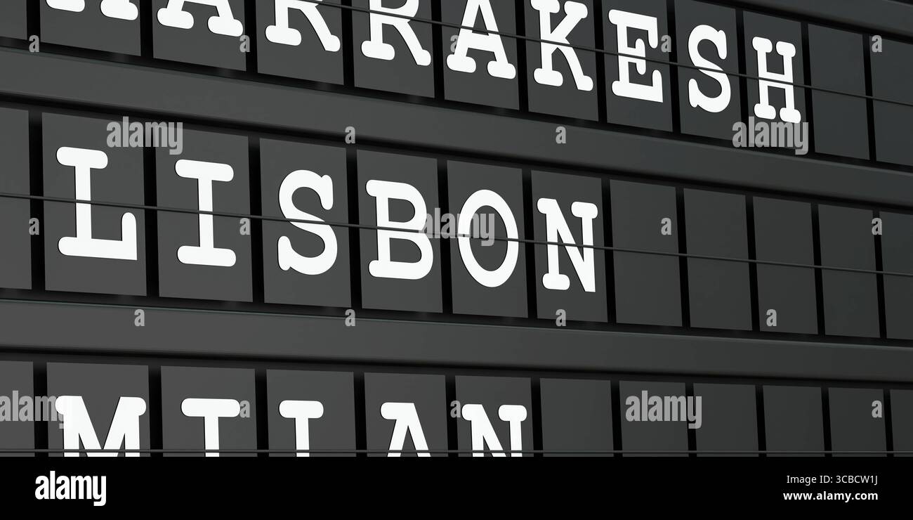 Lisbona, Portogallo, destinazione di viaggio, imbarco di partenza dell'aeroporto. Lisbona, Portogallo, destinazione di viaggio, imbarco di partenza dell'aeroporto. Turismo, prenotazione, vacanza, viaggio, vacanza, viaggio. Illustrazione 3D banner Travel 010 destination City lisbon Foto Stock
