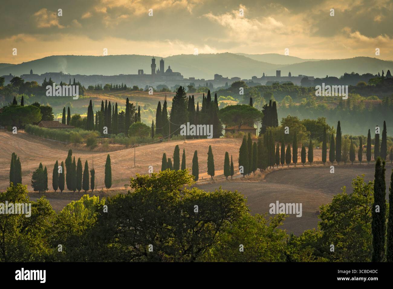 Le imponenti torri di Siena dominano questa campagna nei pressi di Castelnuovo Berardenga Foto Stock