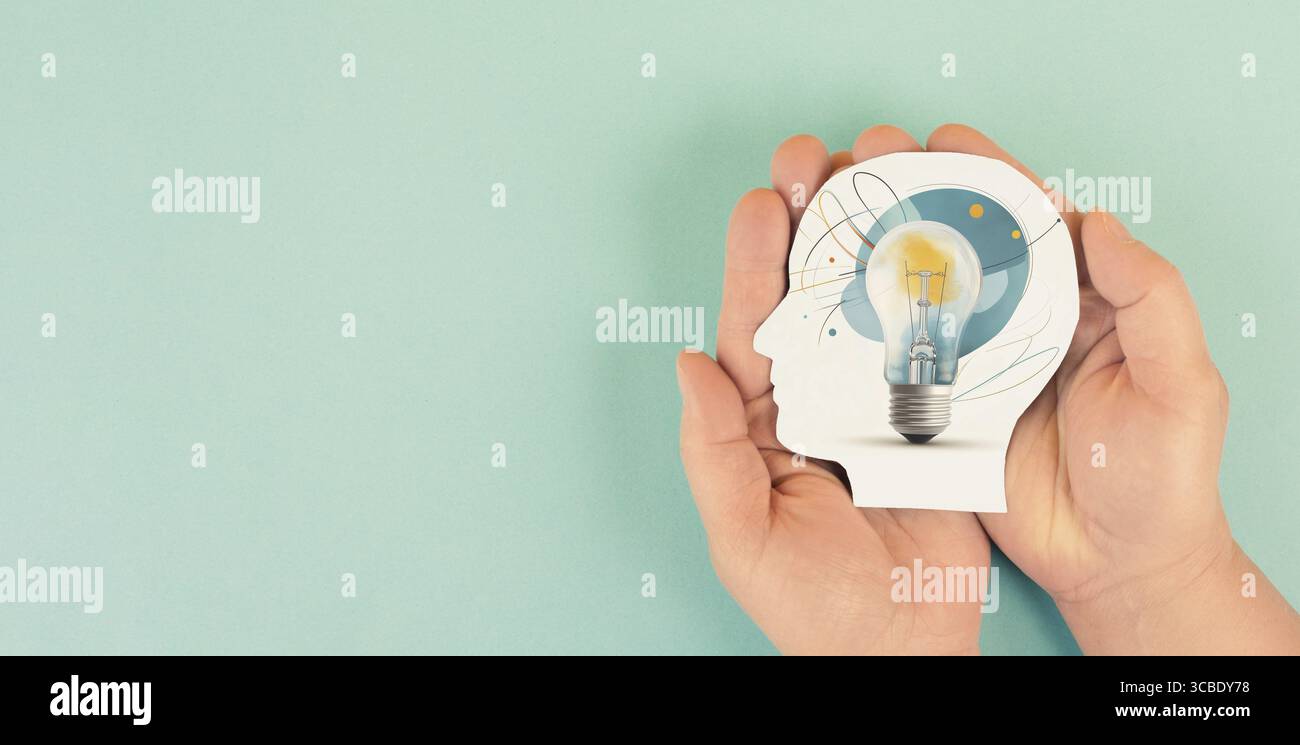 Lampadina, educazione e concetto scientifico, apprendimento di nuove competenze, hanno saggezza e conoscenza, mente creativa, ritorno alla scuola, progresso e sviluppo Foto Stock