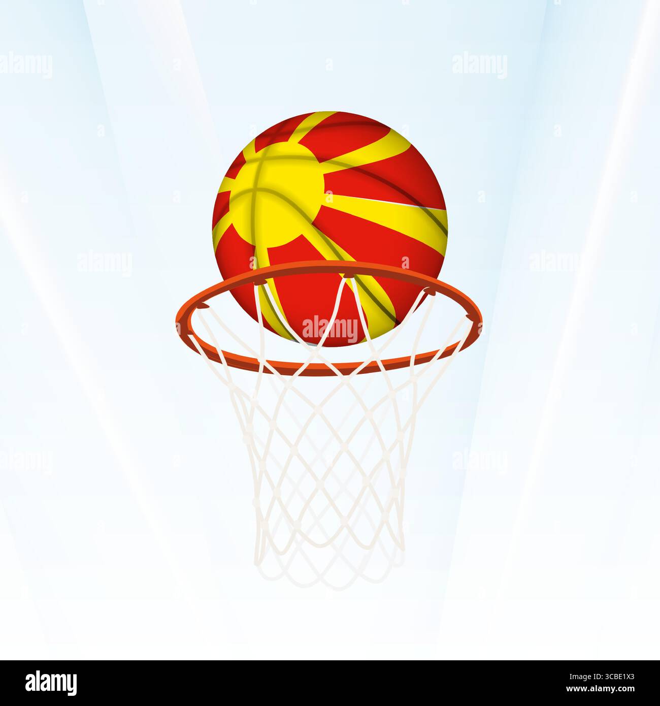 Illustrazione vettoriale di un pallacanestro con la bandiera nazionale della Macedonia del Nord, catturata nel momento in cui si segna attraverso un cerchio. Perfetto per Illustrazione Vettoriale