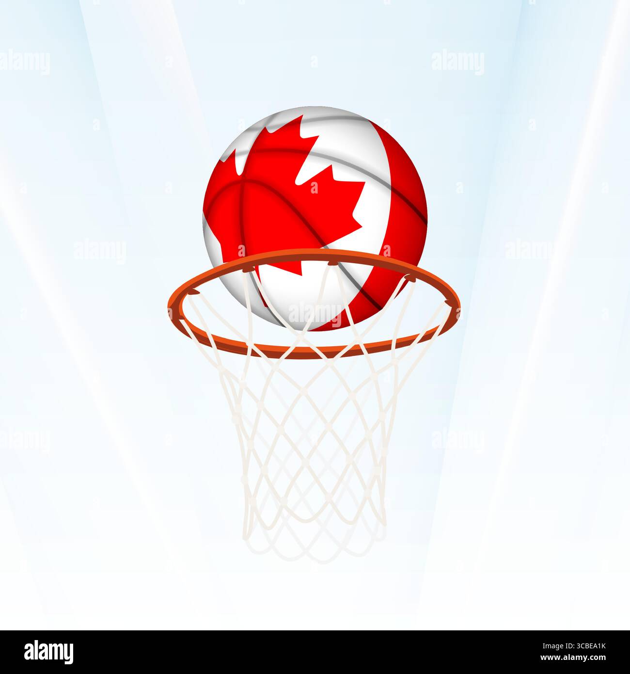 Illustrazione vettoriale di un pallacanestro con la bandiera nazionale del Canada, catturata nel momento in cui si segna attraverso un cerchio. Perfetto per escursioni sportive Illustrazione Vettoriale