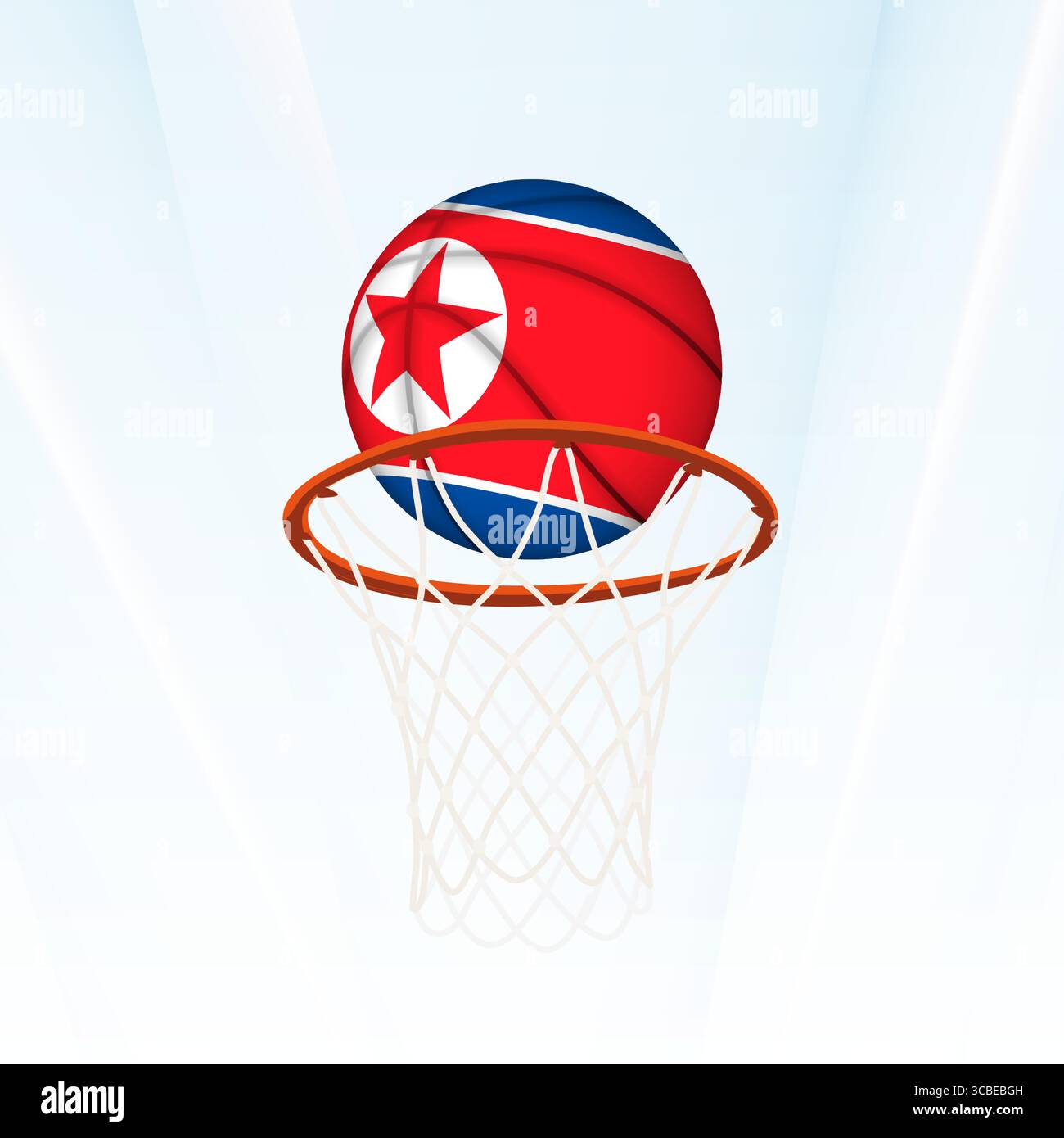 Illustrazione vettoriale di un pallacanestro con la bandiera nazionale della Corea del Nord, catturata nel momento in cui si segna attraverso un cerchio. Perfetto per lo sport Illustrazione Vettoriale
