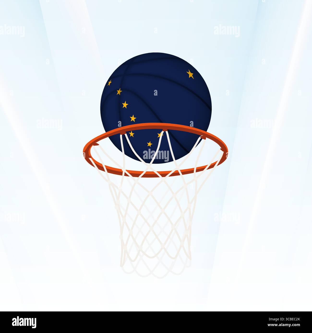 Illustrazione vettoriale di una pallacanestro con la bandiera nazionale dell'Alaska, catturata nel momento in cui si segna attraverso un cerchio. Perfetto per escursioni sportive Illustrazione Vettoriale