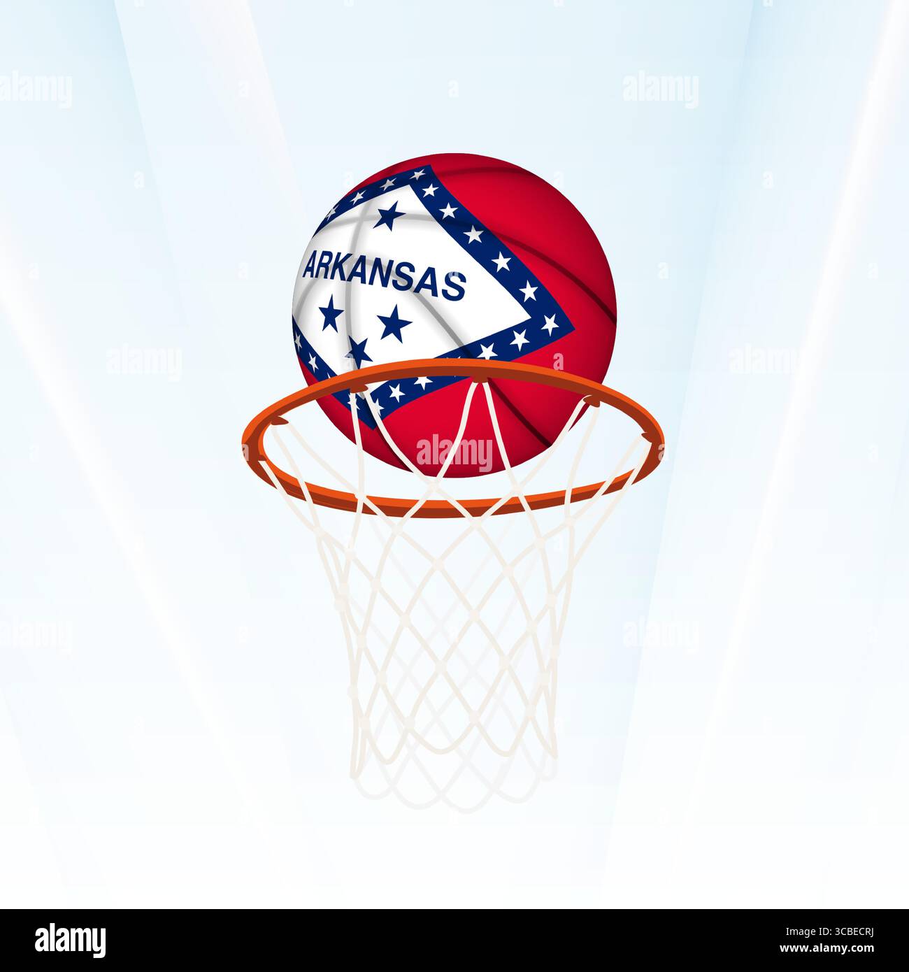 Illustrazione vettoriale di una pallacanestro con la bandiera nazionale dell'Arkansas, catturata nel momento in cui si segna attraverso un cerchio. Perfetto per lo sport Illustrazione Vettoriale