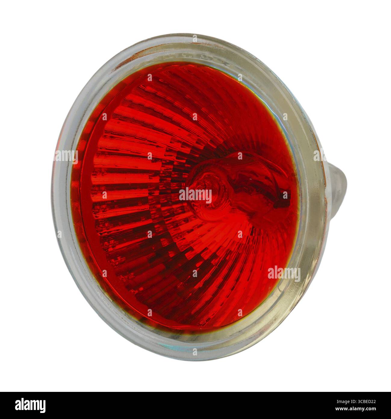 Lampada elettrica alogena in una custodia protettiva in vetro con riflettore e filtro rosso Foto Stock