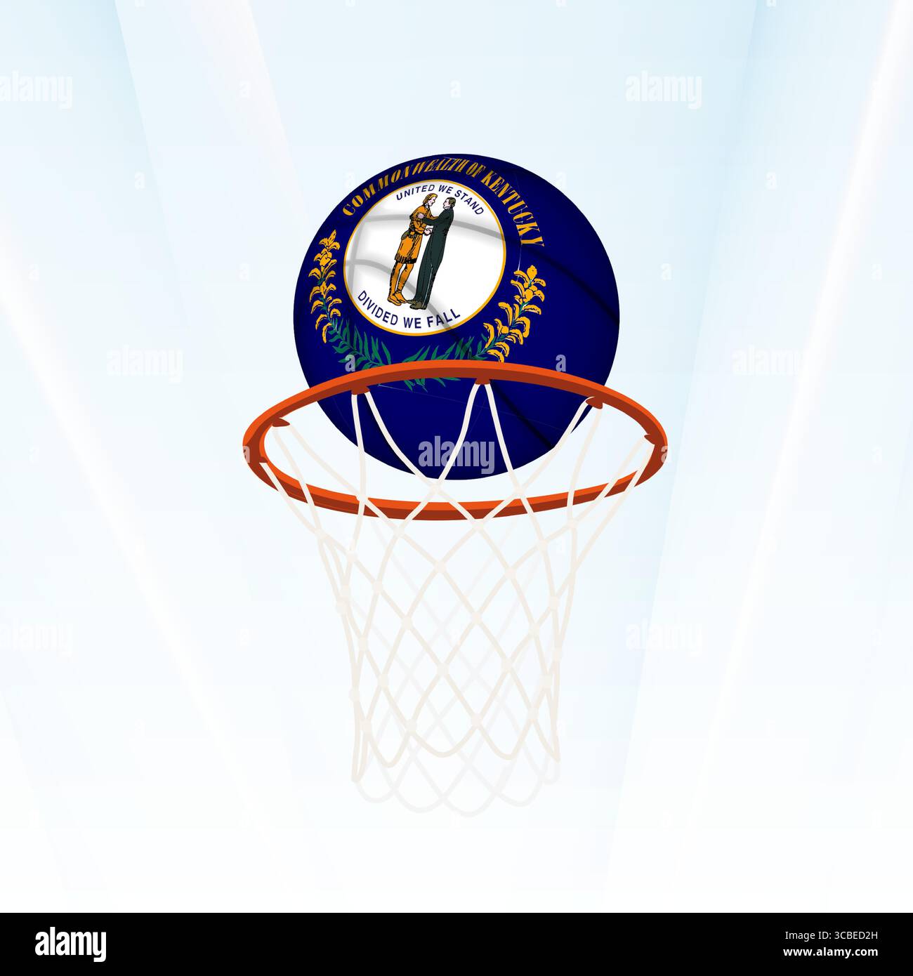 Illustrazione vettoriale di una pallacanestro con la bandiera nazionale del Kentucky, catturata nel momento in cui si segna attraverso un cerchio. Perfetto per lo sport Illustrazione Vettoriale