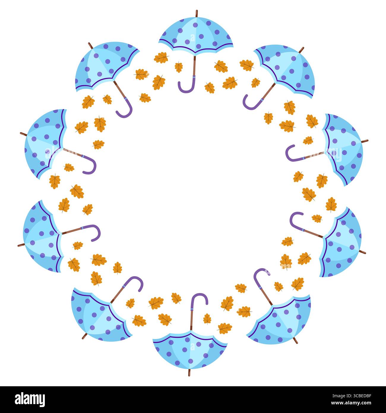 Telaio rotondo autunnale con ombrelli antipioggia blu e foglie cadenti, perfetto per i design stagionali. Illustrazione Vettoriale