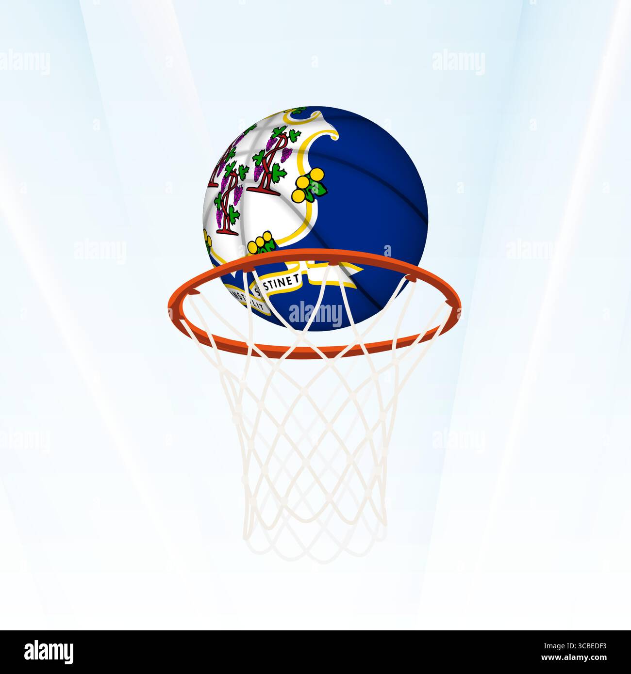 Illustrazione vettoriale di un pallacanestro con la bandiera nazionale del Connecticut, catturata nel momento in cui si segna attraverso un cerchio. Perfetto per lo sport Illustrazione Vettoriale