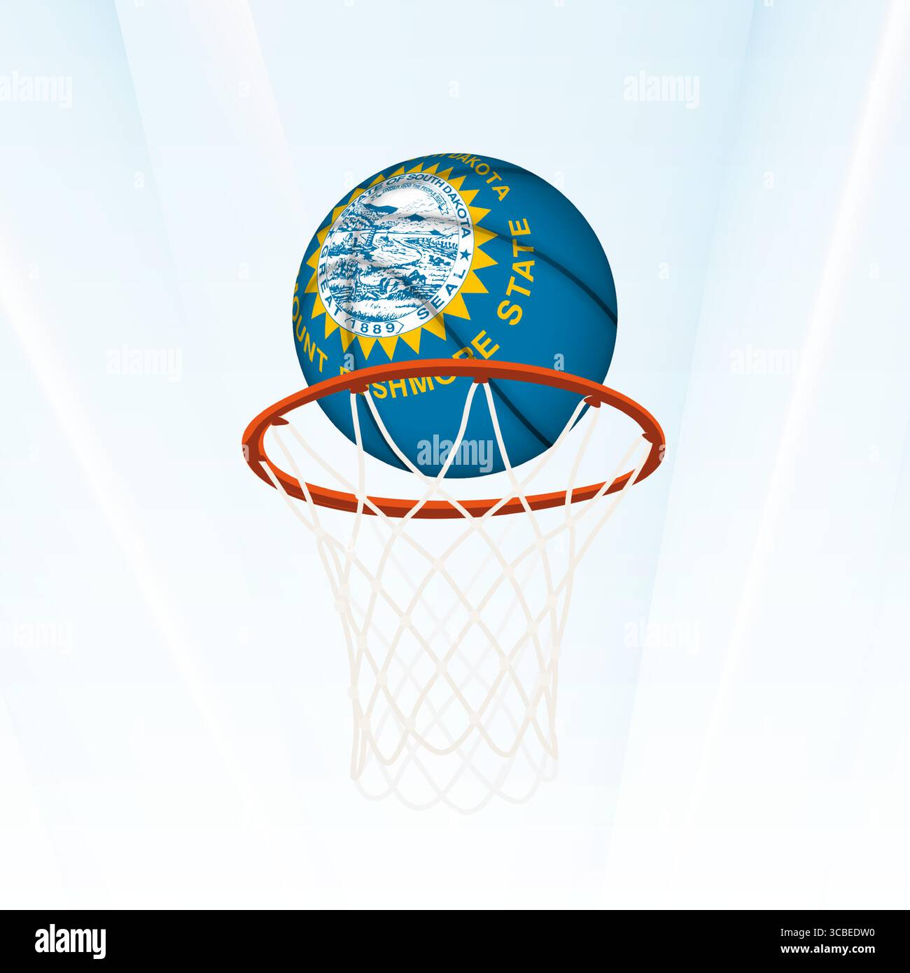 Illustrazione vettoriale di un pallacanestro con la bandiera nazionale del South Dakota, catturata nel momento in cui si segna attraverso un cerchio. Perfetto per lo sport Illustrazione Vettoriale