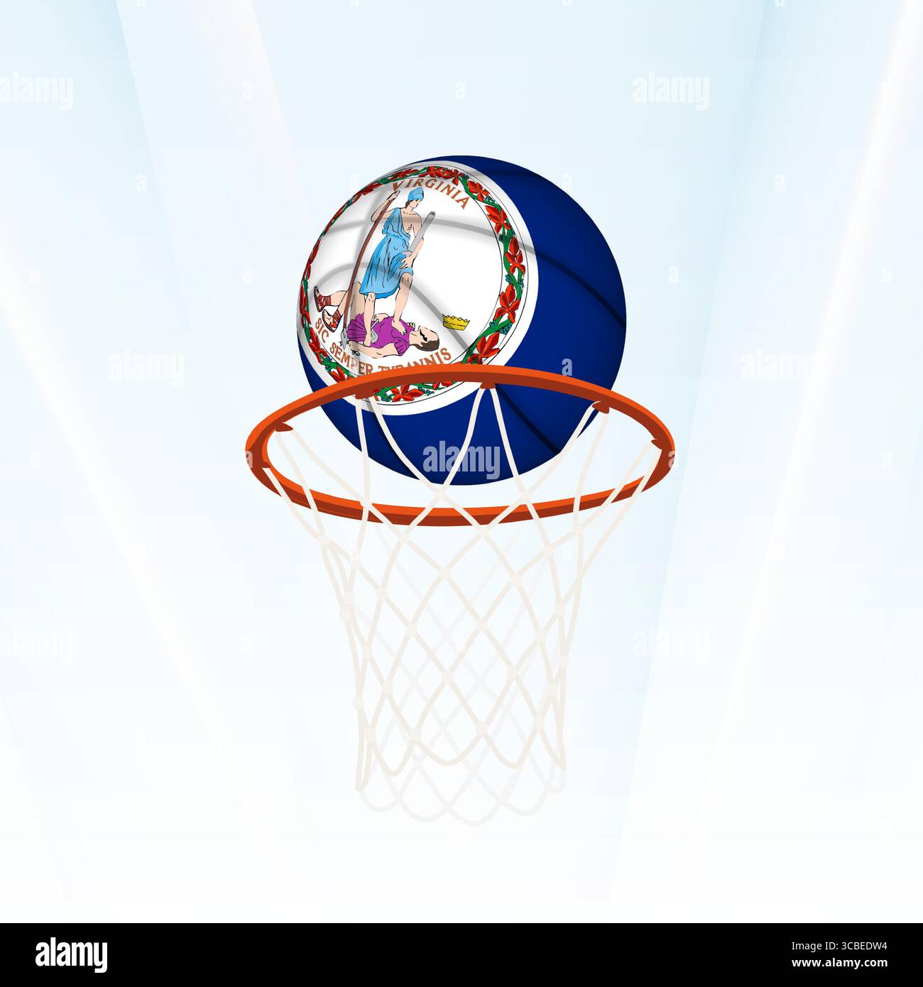 Illustrazione vettoriale di un pallacanestro con la bandiera nazionale della Virginia, catturata nel momento in cui si segna attraverso un cerchio. Perfetto per lo sport Illustrazione Vettoriale