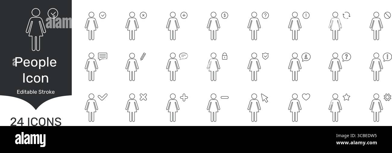 Set di icone persone con vari simboli. Comunicazione, sicurezza e Interaction Outline Symbol Collection. Tratto modificabile. Vettore isolato Illustrazione Vettoriale