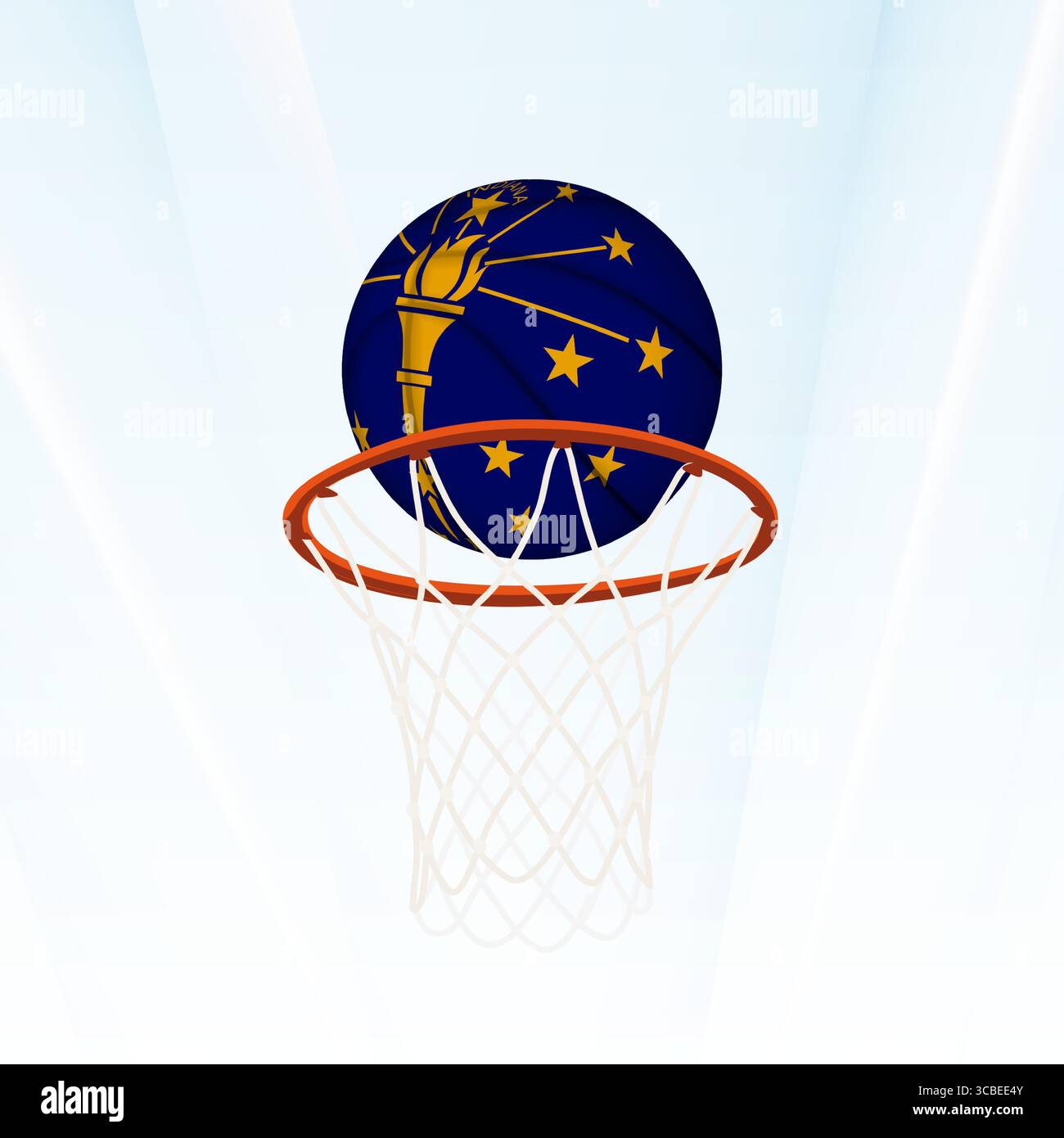 Illustrazione vettoriale di una pallacanestro con la bandiera nazionale dell'Indiana, catturata nel momento in cui si segna attraverso un cerchio. Perfetto per tou sportivi Illustrazione Vettoriale