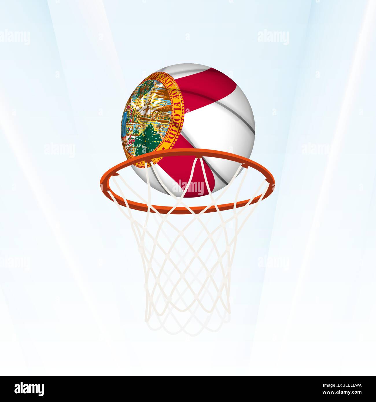 Illustrazione vettoriale di un pallacanestro con la bandiera nazionale della Florida, catturata nel momento in cui si segna attraverso un cerchio. Perfetto per tou sportivi Illustrazione Vettoriale