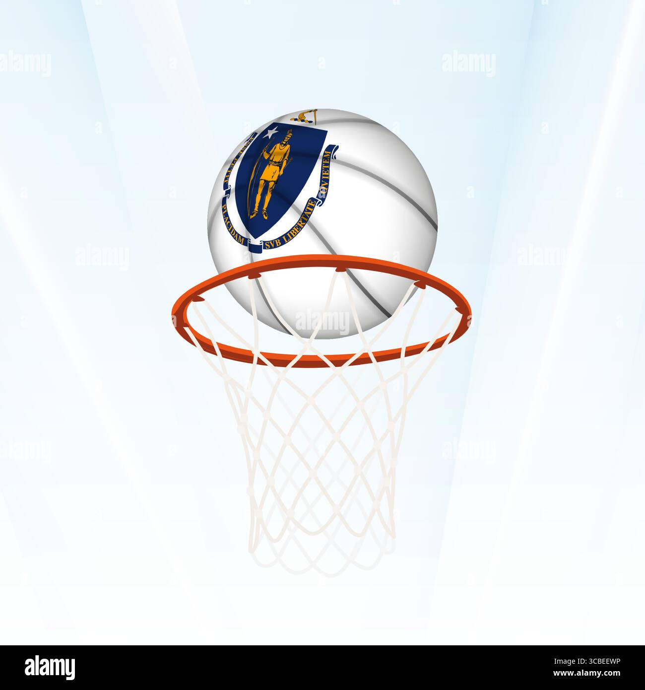 Illustrazione vettoriale di un pallacanestro con la bandiera nazionale del Massachusetts, catturata nel momento in cui si segna attraverso un cerchio. Perfetto per spor Illustrazione Vettoriale