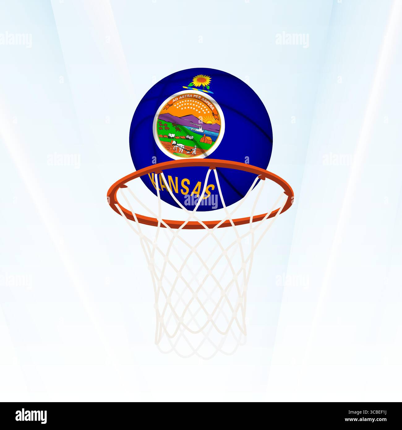 Illustrazione vettoriale di una pallacanestro con la bandiera nazionale del Kansas, catturata nel momento in cui si segna attraverso un cerchio. Perfetto per escursioni sportive Illustrazione Vettoriale