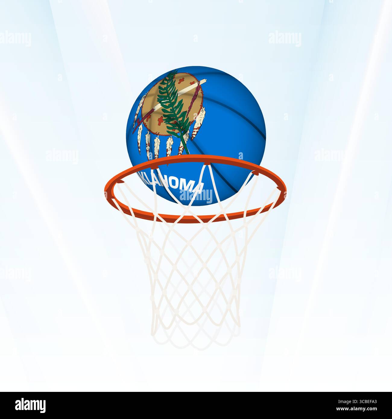 Illustrazione vettoriale di una pallacanestro con la bandiera nazionale dell'Oklahoma, catturata nel momento in cui si segna attraverso un cerchio. Perfetto per lo sport Illustrazione Vettoriale