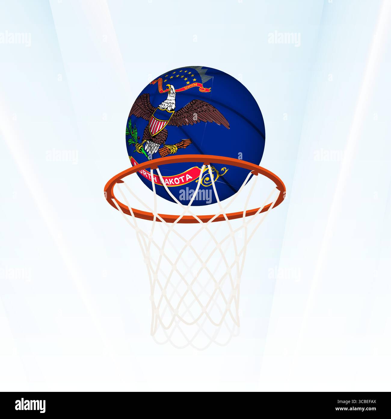 Illustrazione vettoriale di un pallacanestro con la bandiera nazionale del North Dakota, catturata nel momento in cui si segna attraverso un cerchio. Perfetto per lo sport Illustrazione Vettoriale