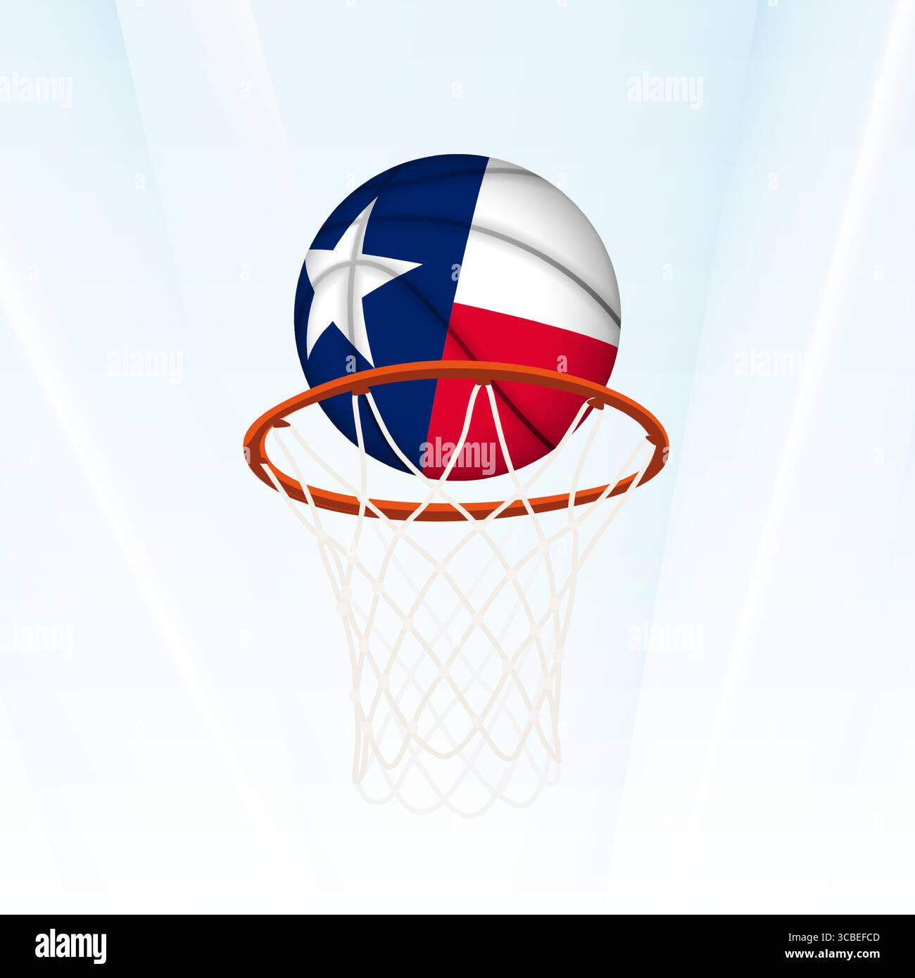 Illustrazione vettoriale di una pallacanestro con la bandiera nazionale del Texas, catturata nel momento in cui si segna attraverso un cerchio. Perfetto per i tornei sportivi Illustrazione Vettoriale