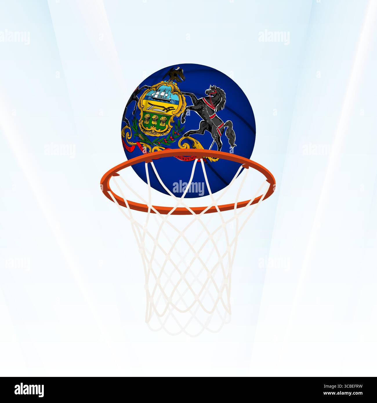 Illustrazione vettoriale di un pallacanestro con la bandiera nazionale della Pennsylvania, catturata nel momento in cui si segna attraverso un cerchio. Perfetto per lo sport Illustrazione Vettoriale