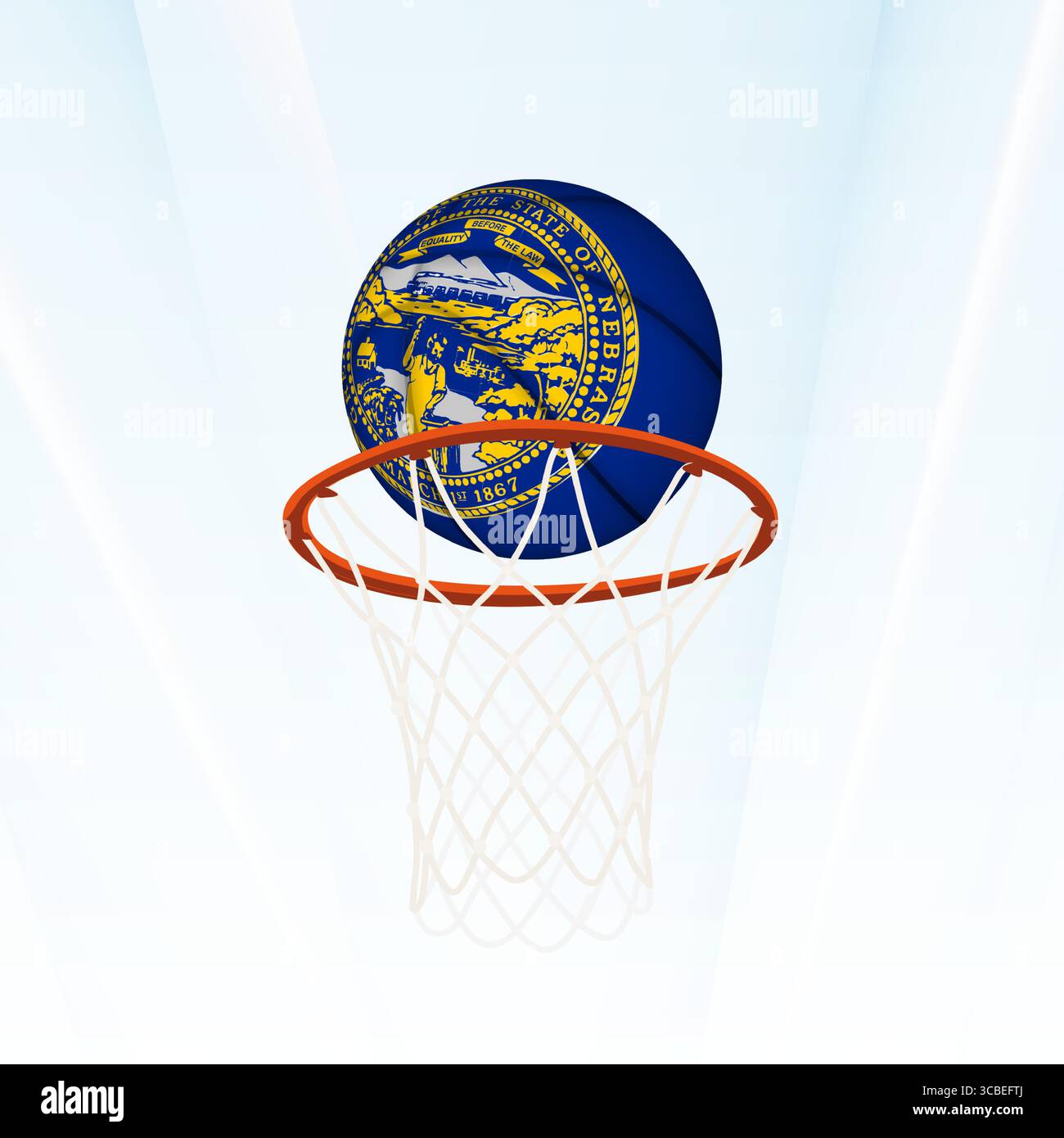 Illustrazione vettoriale di un pallacanestro con la bandiera nazionale del Nebraska, catturata nel momento in cui si segna attraverso un cerchio. Perfetto per lo sport Illustrazione Vettoriale