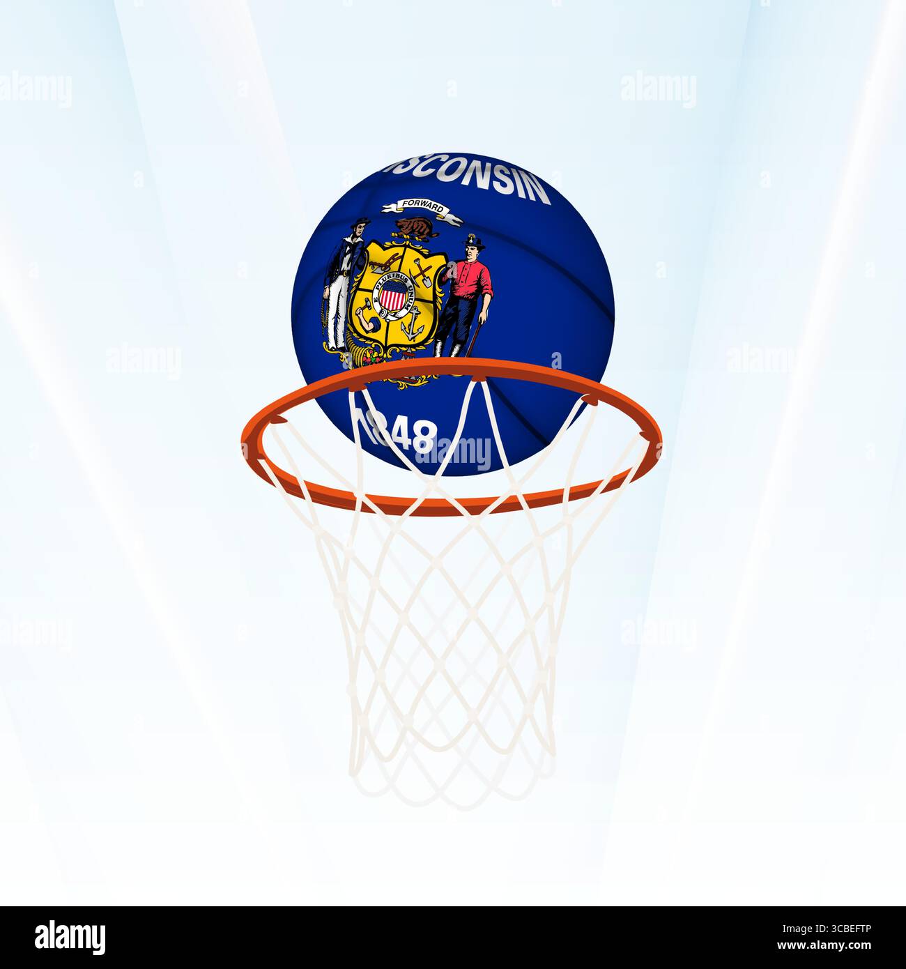 Illustrazione vettoriale di una pallacanestro con la bandiera nazionale del Wisconsin, catturata nel momento in cui si segna attraverso un cerchio. Perfetto per lo sport Illustrazione Vettoriale