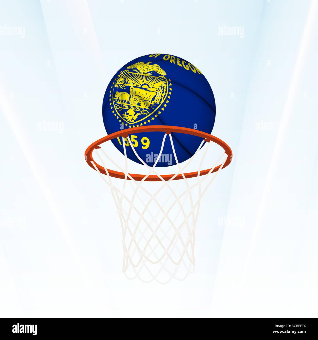 Illustrazione vettoriale di una pallacanestro con la bandiera nazionale dell'Oregon, catturata nel momento in cui si segna attraverso un cerchio. Perfetto per escursioni sportive Illustrazione Vettoriale