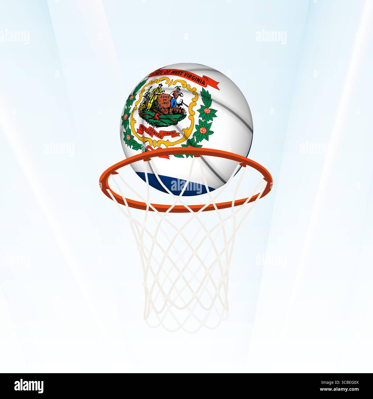 Illustrazione vettoriale di una pallacanestro con la bandiera nazionale della Virginia Occidentale, catturata nel momento in cui si segna attraverso un cerchio. Perfetto per spor Illustrazione Vettoriale