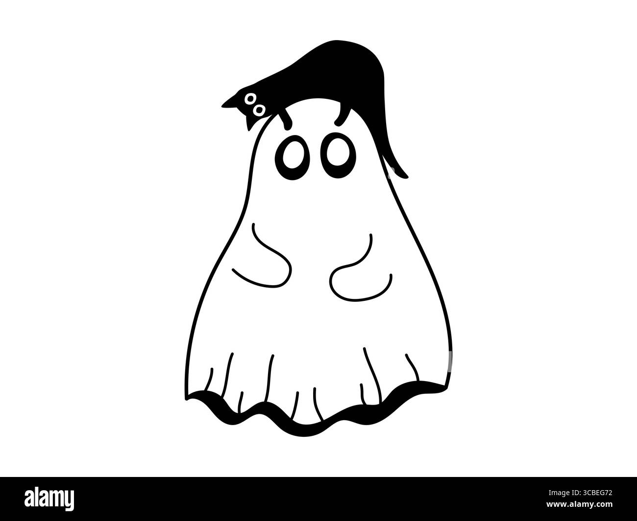 Un fantasma simpatico e spettrale con il gatto in testa. Doodle di Halloween disegnato a mano su sfondo isolato. Buffo fantasma con gatto. Illustrazione Vettoriale