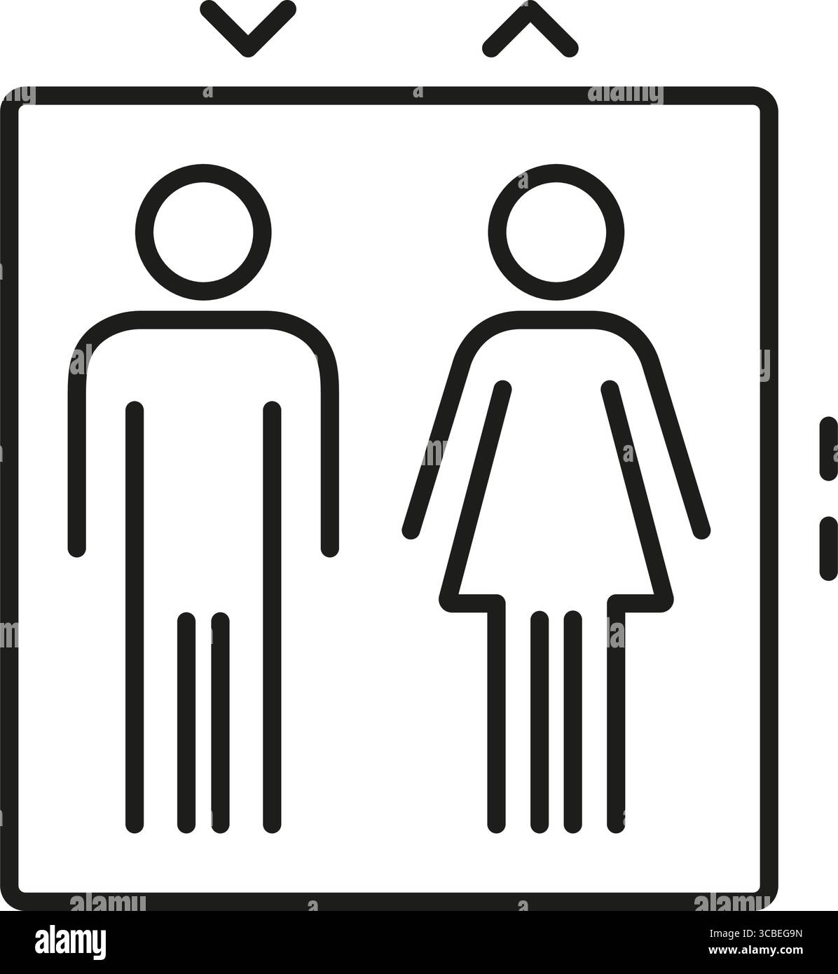 Ascensore con figure maschio e femmina icona linea. Simbolo sollevamento incluso sesso. Illustrazione generale dell'accessibilità e dei trasporti pubblici. Modificabile Illustrazione Vettoriale