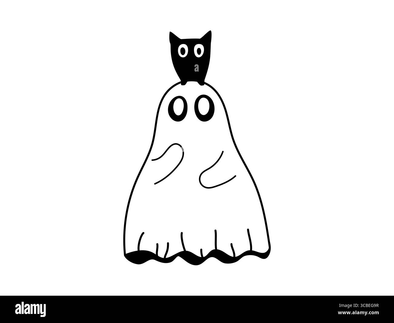 Simpatico fantasma spettrale con gufo nero seduto sulla testa. Doodle di Halloween disegnato a mano su sfondo isolato. Buffo fantasma con gufo. Illustrazione Vettoriale