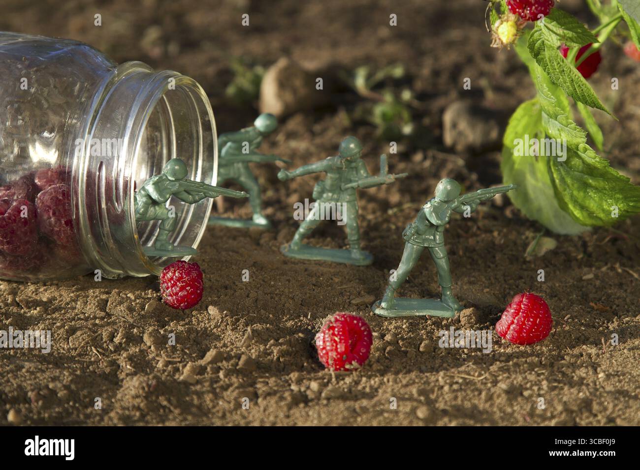 Quattro soldati giocattolo verdi che proteggono un barattolo di lampone Foto Stock