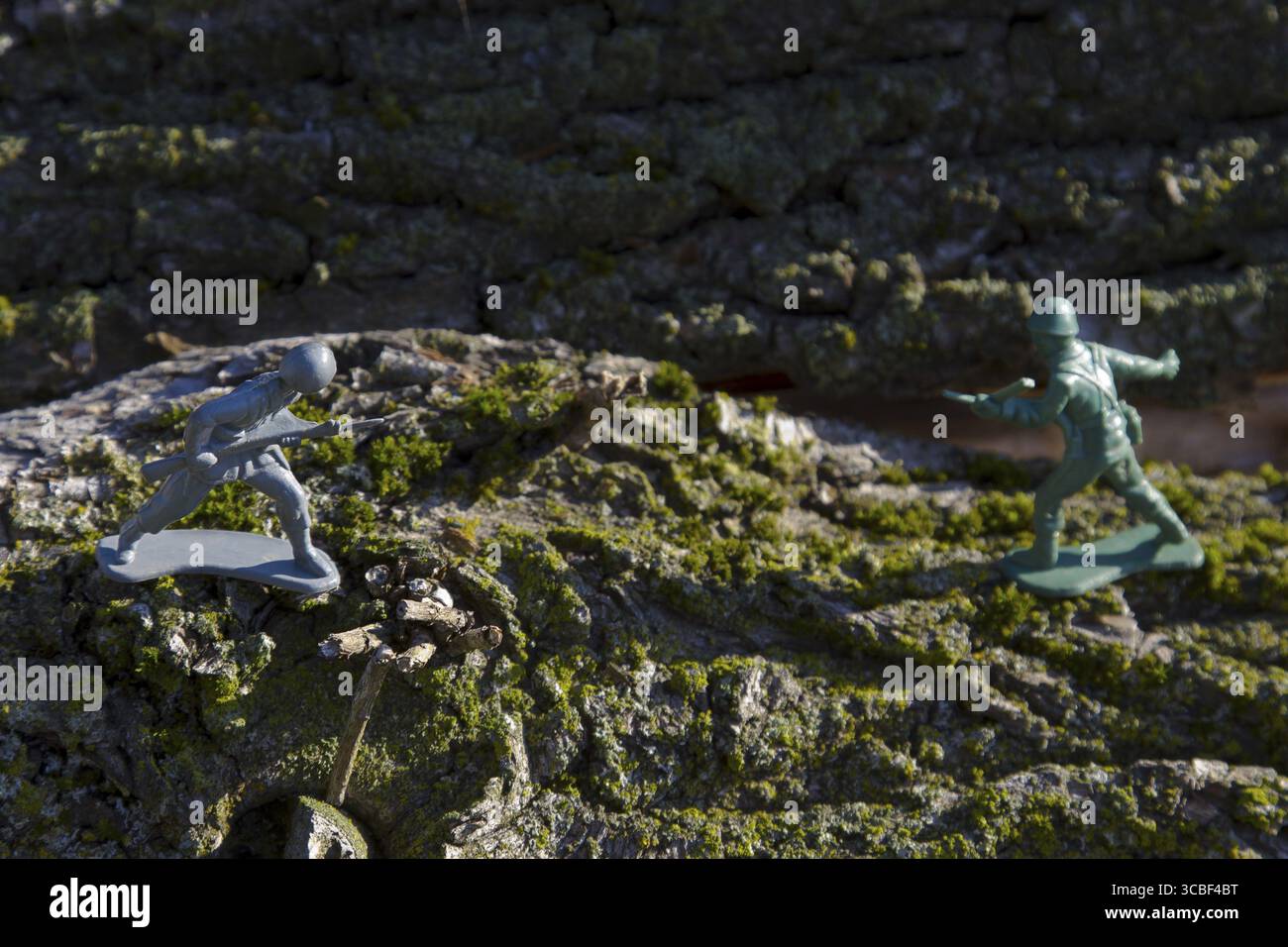 Soldato giocattolo grigio e verde che combatte sulla cima della corteccia degli alberi Foto Stock