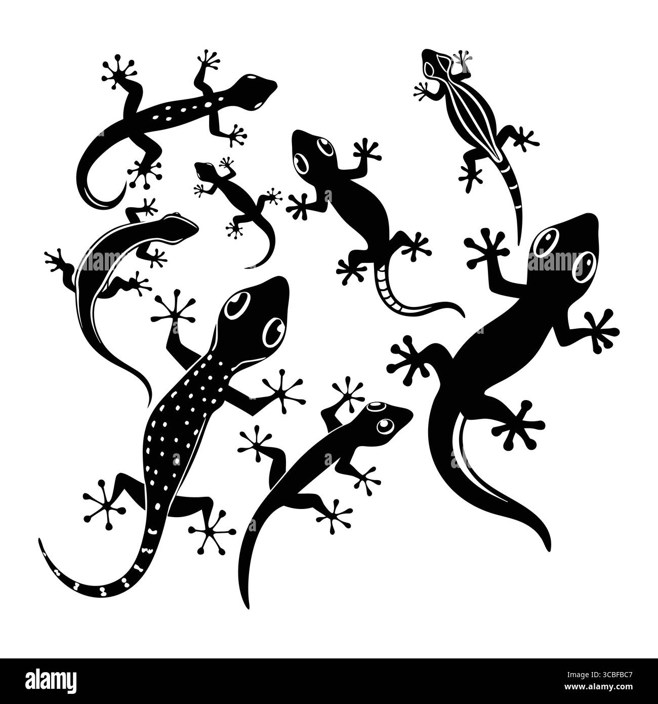 Silhouette di lucertole Gecko con elementi stilizzati su sfondo bianco Illustrazione Vettoriale