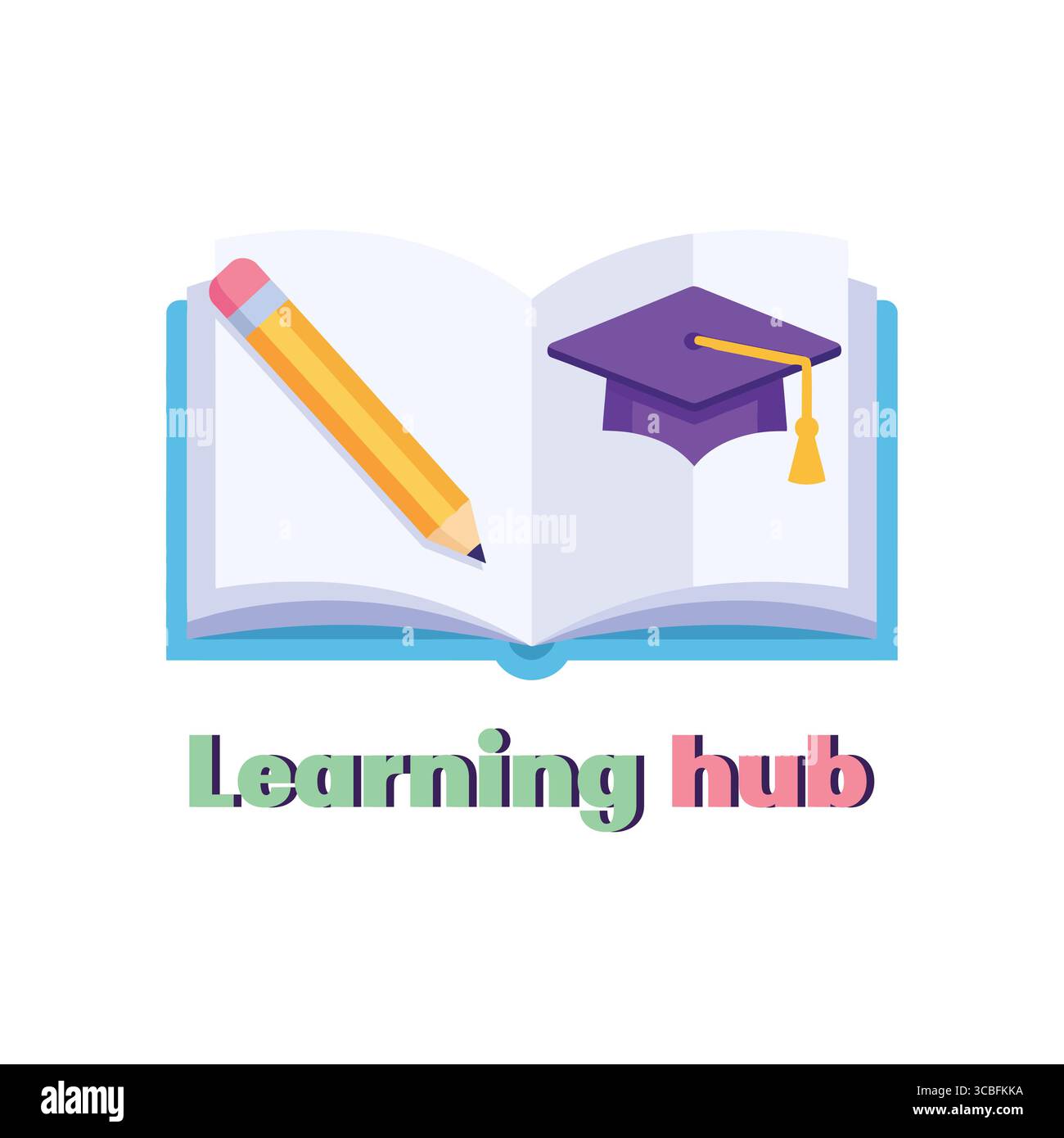 Questa vivace illustrazione presenta un libro aperto con una matita e un berretto per la laurea, che simboleggia l'istruzione e l'apprendimento. Illustrazione Vettoriale