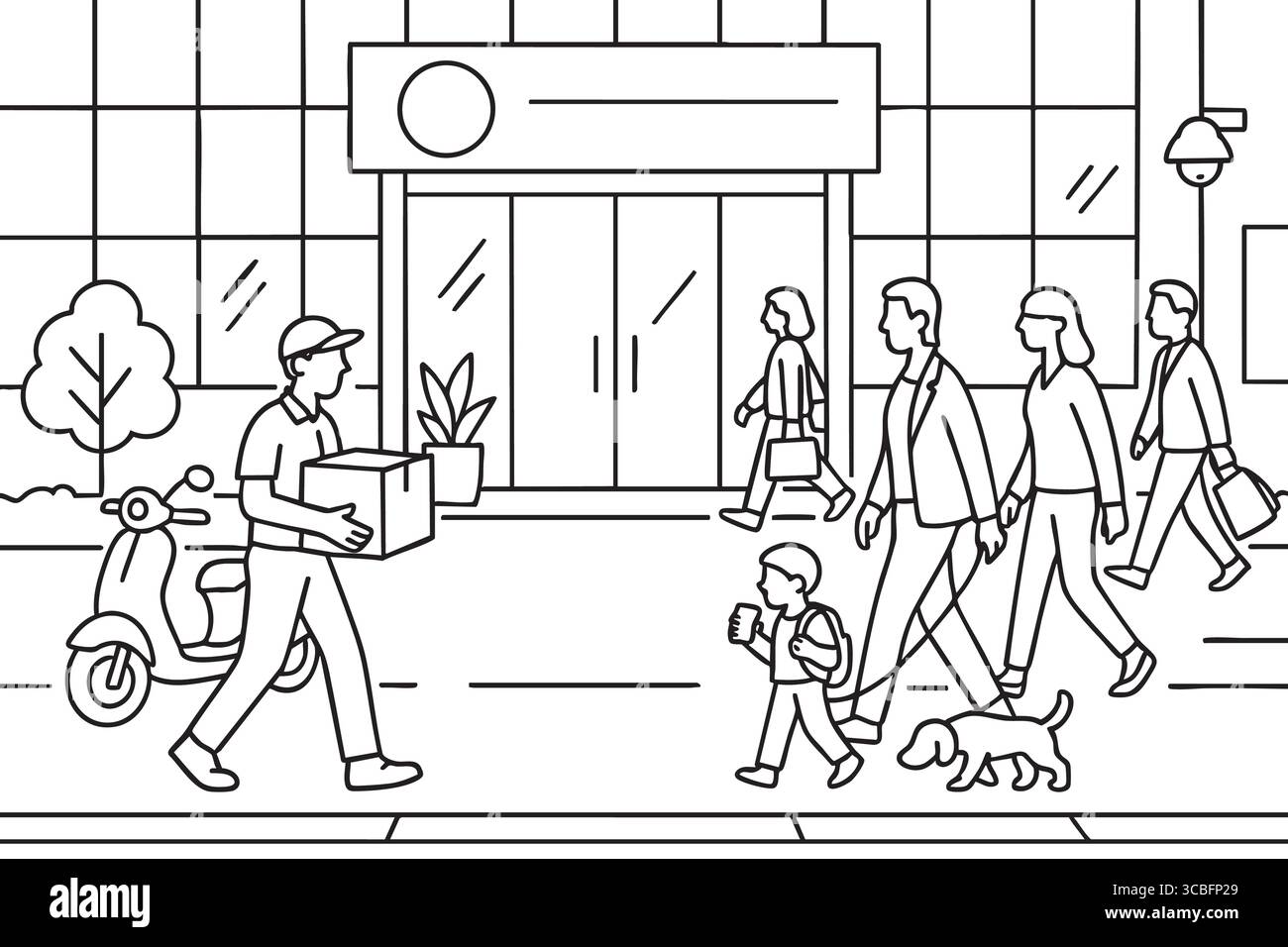 Persone che camminano sulla strada della città di fronte a un edificio moderno. Illustrazione Vettoriale