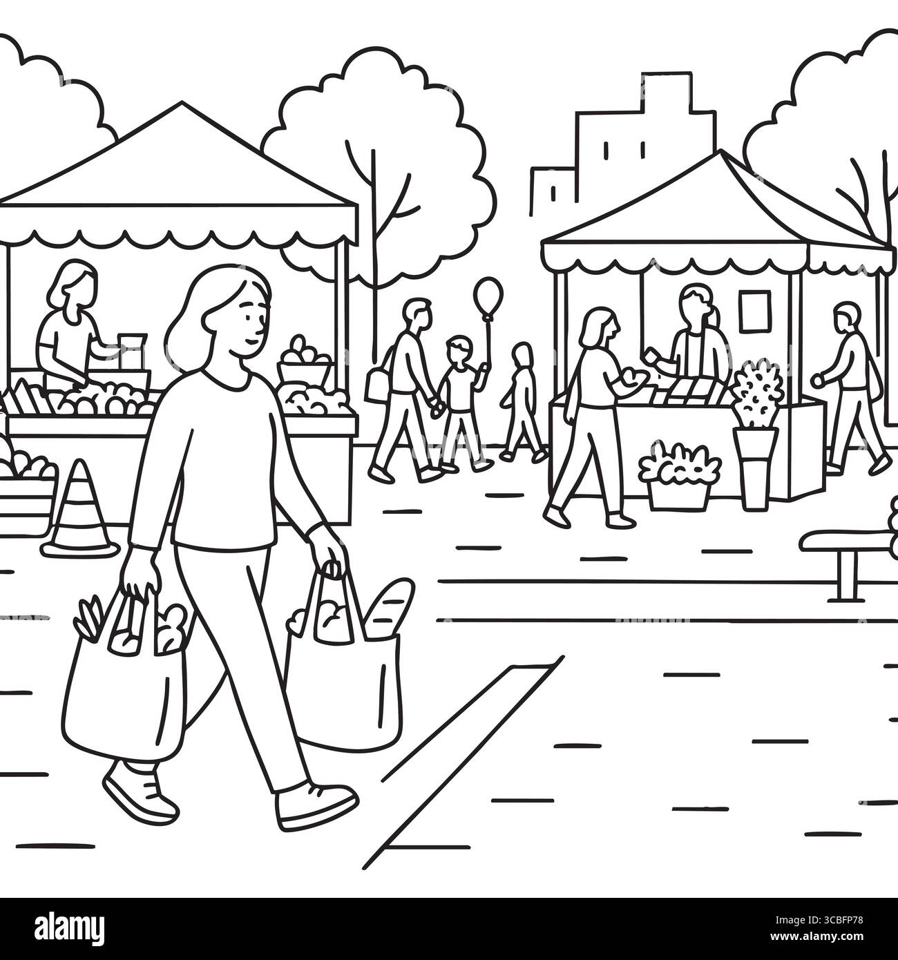 Gente che fa shopping in un mercato agricolo all'aperto. Illustrazione Vettoriale