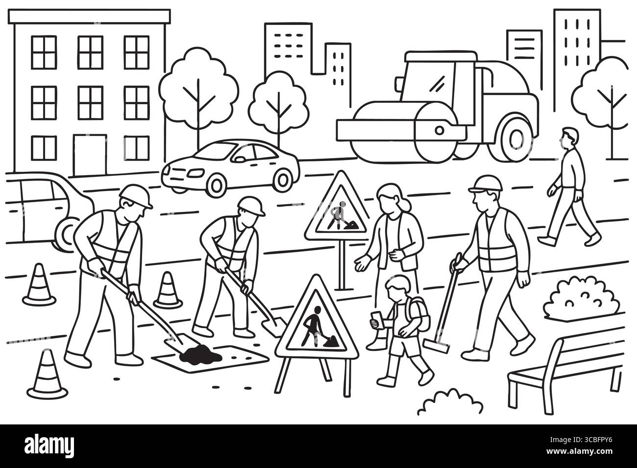 Lavoratori della strada che riparano la strada mentre i pedoni passano. Illustrazione Vettoriale