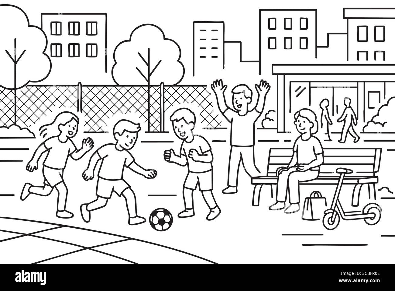I bambini giocano a calcio nel parco giochi urbano. Illustrazione Vettoriale