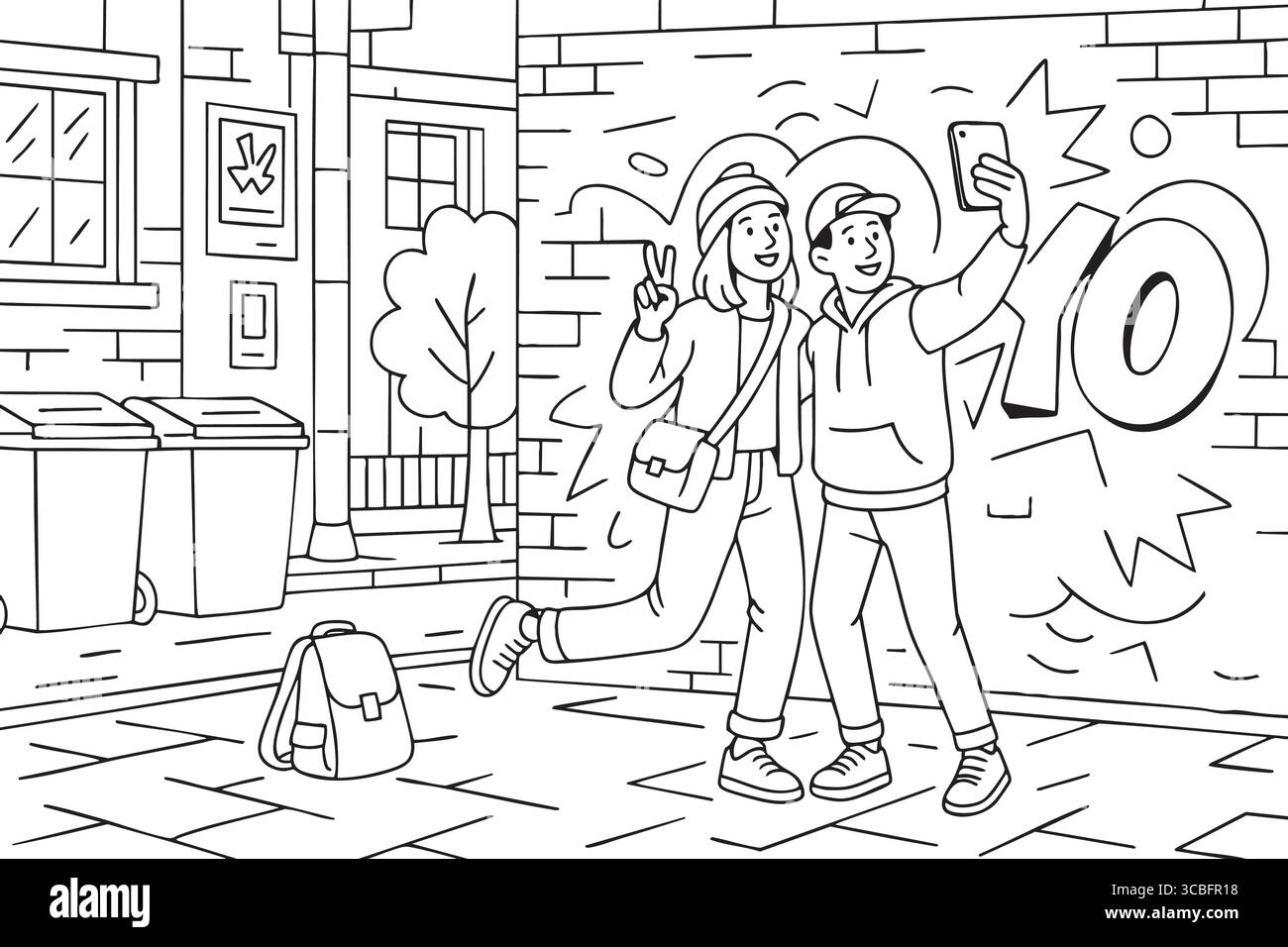 Adolescenti che si fanno un selfie davanti a un muro di graffiti. Illustrazione Vettoriale