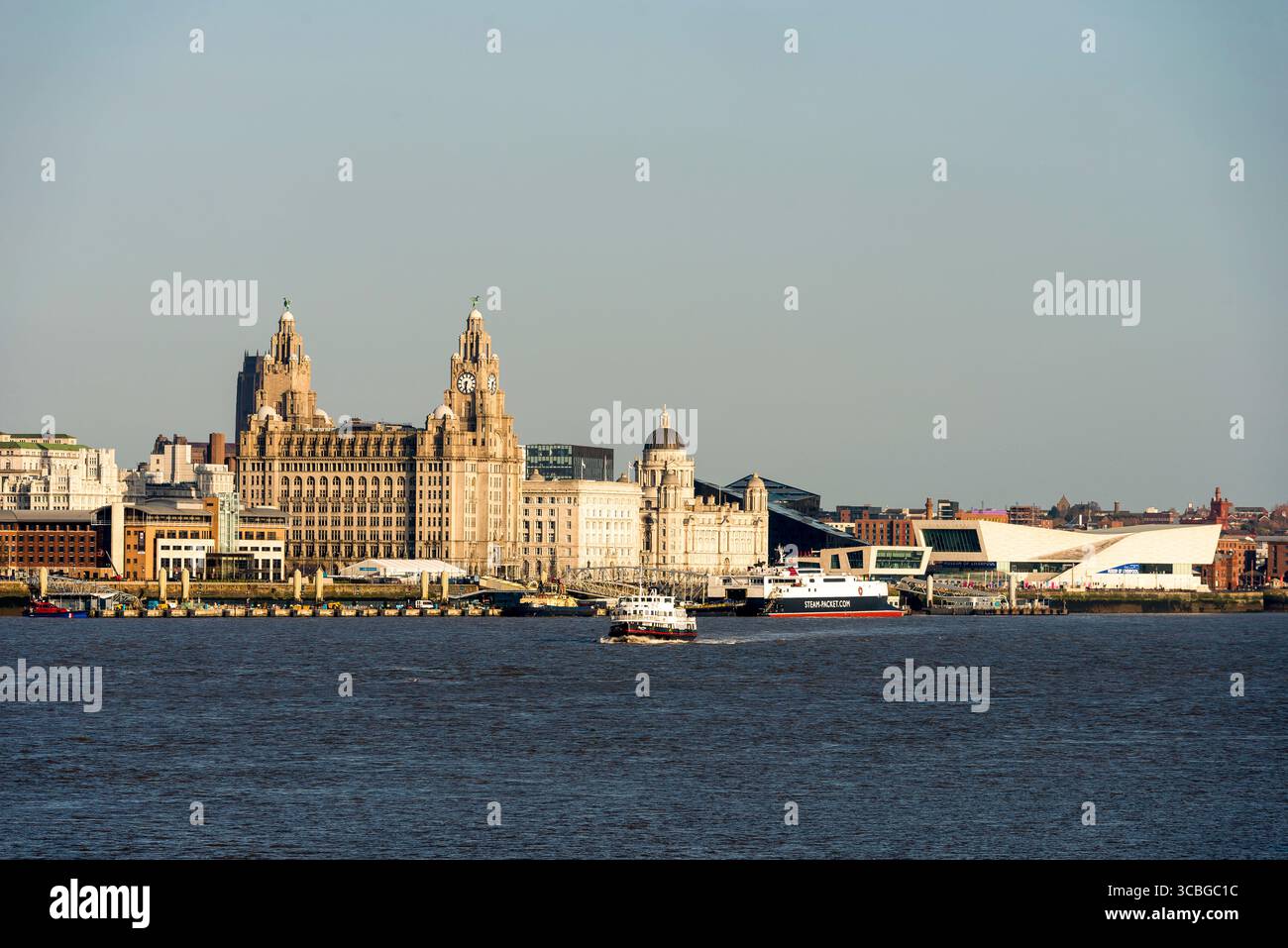 Vista ravvicinata del lungomare di Liverpool con il Royal Liver Building, il Port of Liverpool Building e i traghetti sul fiume Mersey. Foto Stock